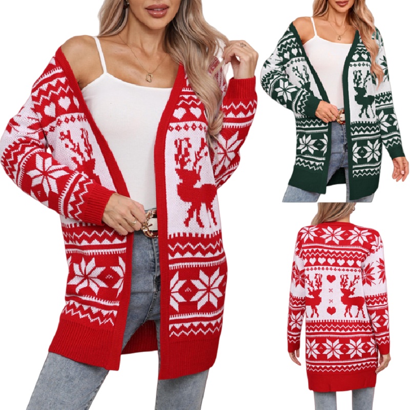 Womens Christmas Knit Cardigan Long Open Front Knit Sweater Winter Outerwear